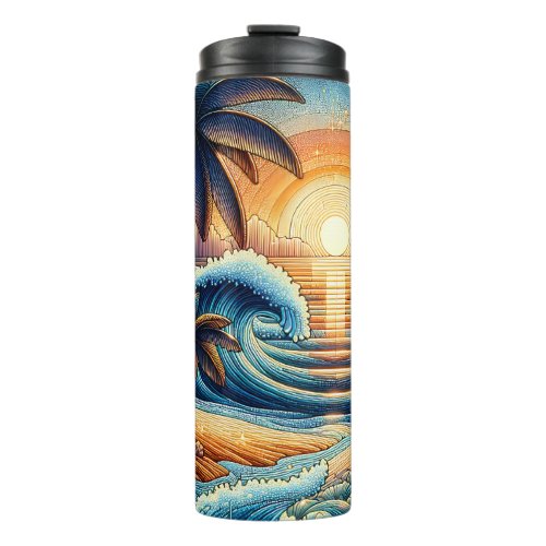 Mosaic Ai Art  Ocean Sunset and Palm Trees Thermal Tumbler