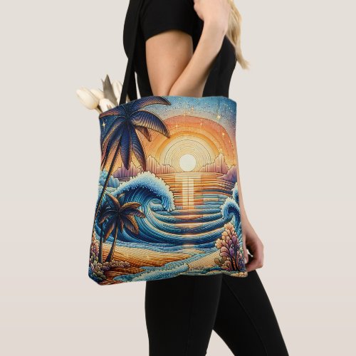 Mosaic Ai Art  Ocean Sunset and Palm Trees Tote Bag