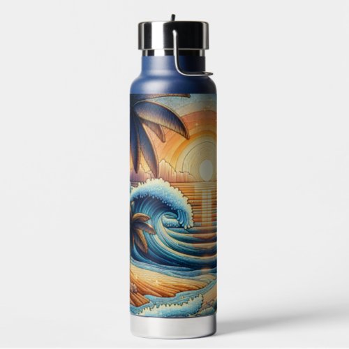 Mosaic Ai Art  Ocean Sunset and Palm Trees Water Bottle