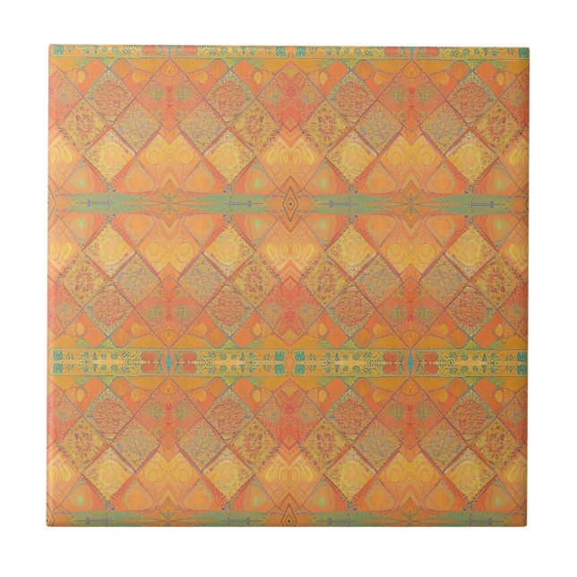 Mosaic amber orange jade green geometric design  ceramic tile (Front)