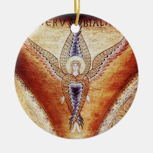 MOSAIC ANGEL  Brown Parchment Red Ruby Ceramic Ornament