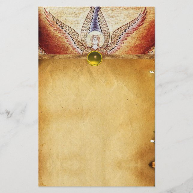 MOSAIC ANGEL  Brown Parchment Yellow Topaz Stationery (Front)