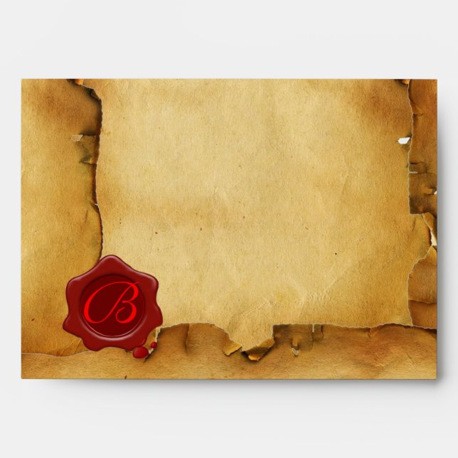 MOSAIC ANGEL RED WAX SEAL MONOGRAM BROWN PARCHMENT ENVELOPE (Front)