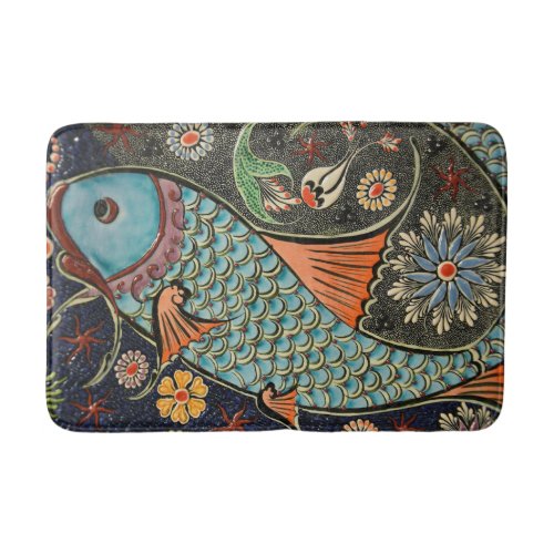 Mosaic aqua fish floral Bath Mat