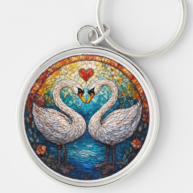 Mosaic Art Depicting White Swans Keychain (Front)