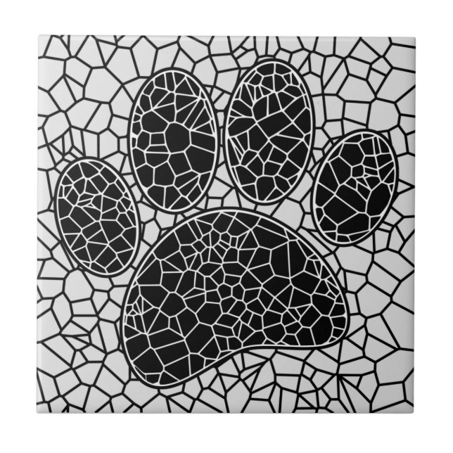 Mosaic Art Dog Paw Print In Black And White Ceramic Tile (Front)