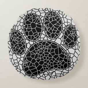 Mosaic Art Dog Paw Print In Black And White Round Pillow