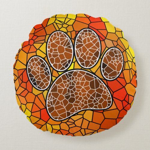 Mosaic Art Dog Paw Print Round Pillow