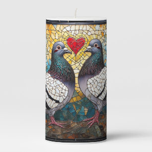 Mosaic Artwork of a Pigeons with Heart Designs Pillar Candle