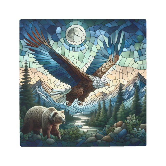 Mosaic Bear and Eagle in the Mountains Ai Art (Front)
