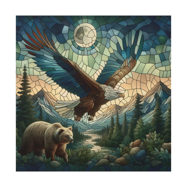 Mosaic Bear and Eagle in the Mountains Ai Art (Front)