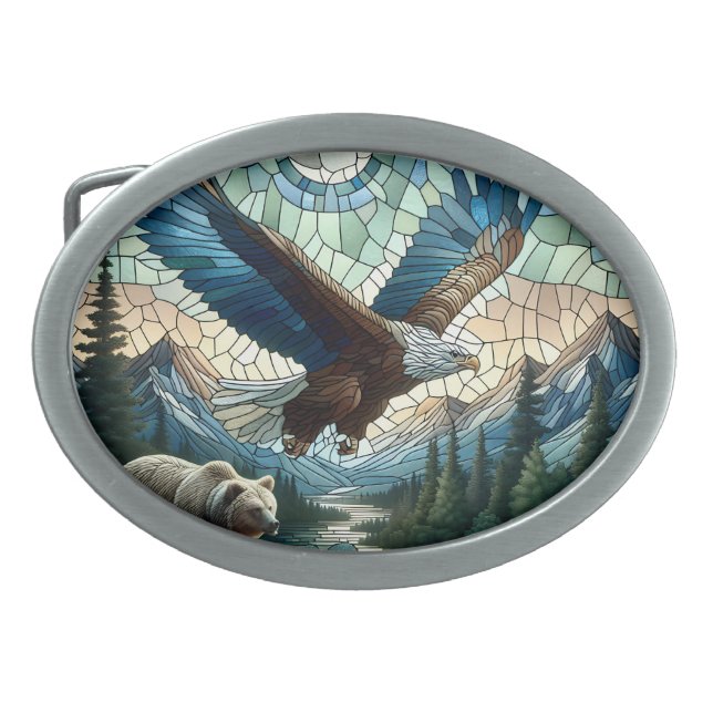 Mosaic Bear and Eagle in the Mountains Ai Art Belt Buckle (Front)