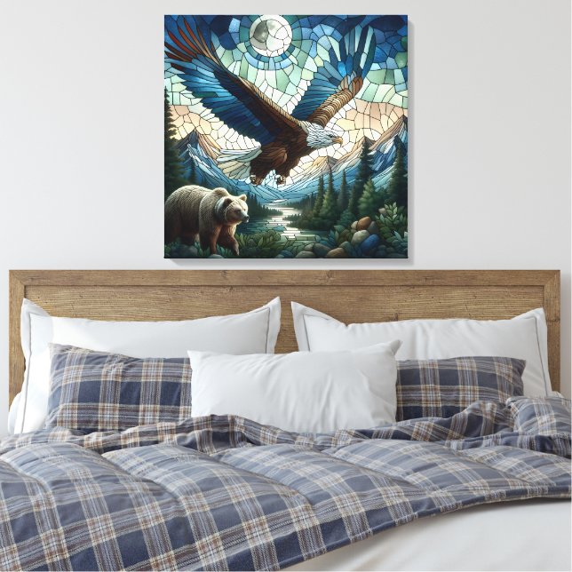 Mosaic Bear and Eagle in the Mountains Ai Art Canvas Print (Insitu(Bedroom))