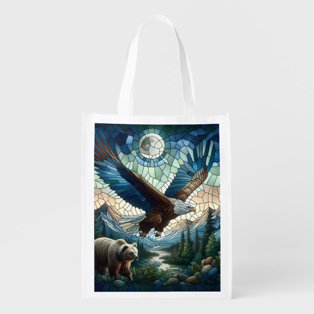 Mosaic Bear and Eagle in the Mountains Ai Art Grocery Bag (Front)