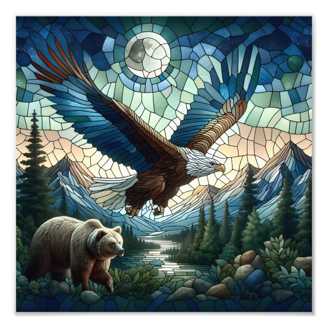 Mosaic Bear and Eagle in the Mountains Ai Art Photo Print (Front)