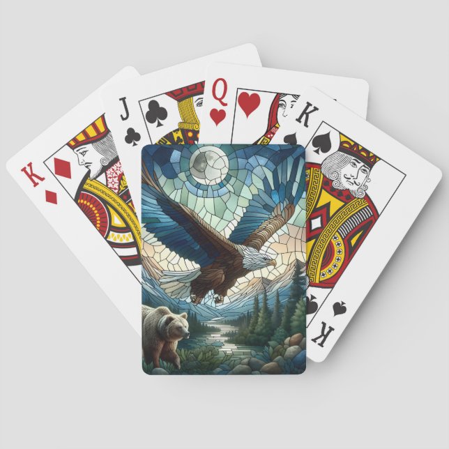 Mosaic Bear and Eagle in the Mountains Ai Art Poker Cards (Back)