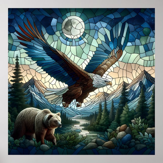 Mosaic Bear and Eagle in the Mountains Ai Art Poster (Front)