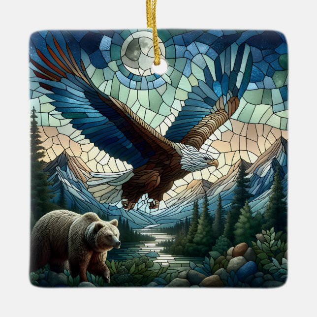 Mosaic Bear and Eagle in the Mountains  Ceramic Ornament (Front)