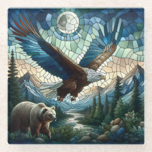 Mosaic Bear and Eagle in the Mountains Glass Coaster