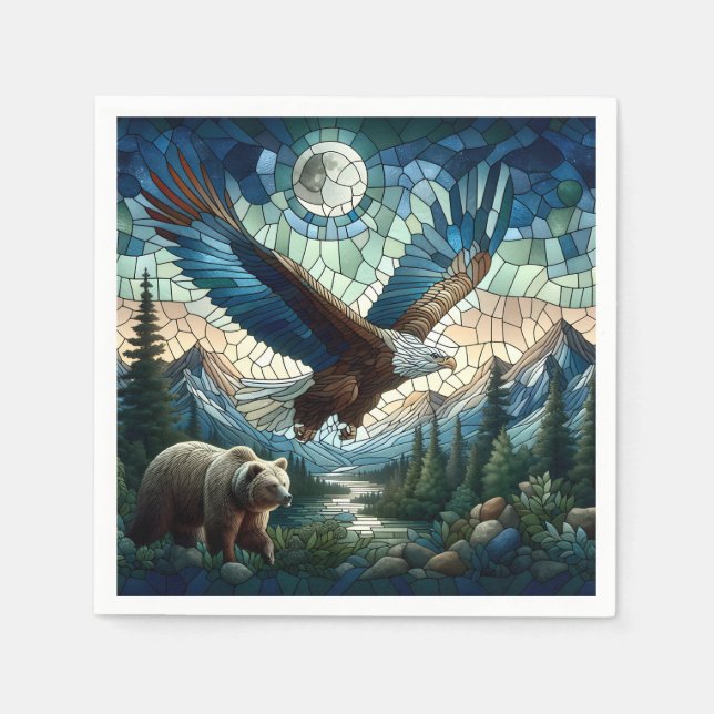 Mosaic Bear and Eagle in the Mountains  Napkins (Front)