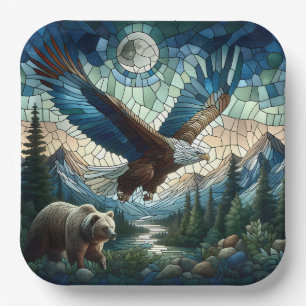 Mosaic Bear and Eagle in the Mountains Paper Plates