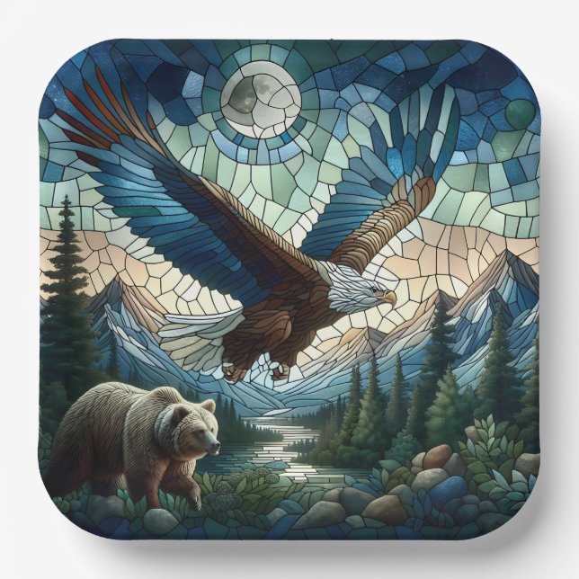 Mosaic Bear and Eagle in the Mountains  Paper Plates (Front)
