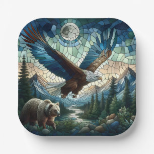 Mosaic Bear and Eagle in the Mountains  Paper Plates