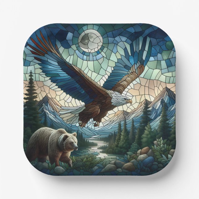 Mosaic Bear and Eagle in the Mountains  Paper Plates (Front)