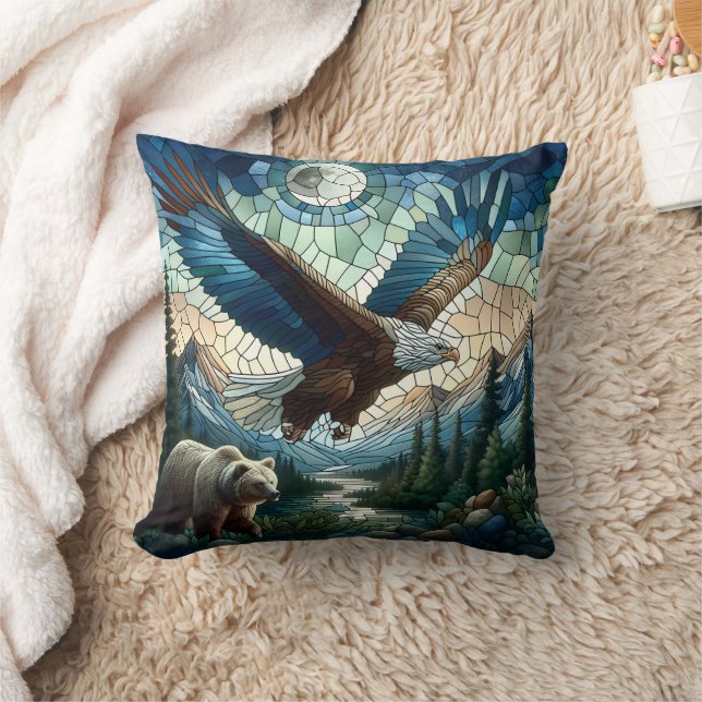 Mosaic Bear and Eagle in the Mountains  Throw Pillow (Blanket)