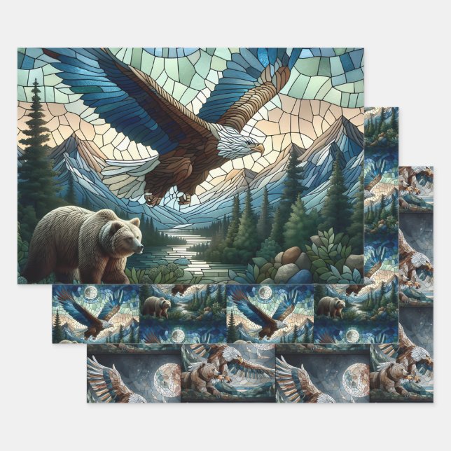Mosaic Bear and Eagle in the Mountains  Wrapping Paper Sheets (Set)