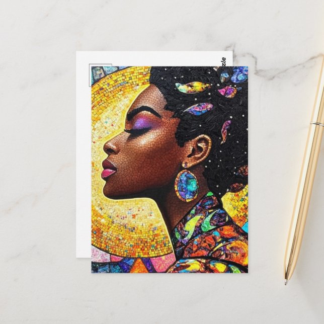 Mosaic Black Queen Art Gold Jewel Tone Postcard (Front/Back In Situ)