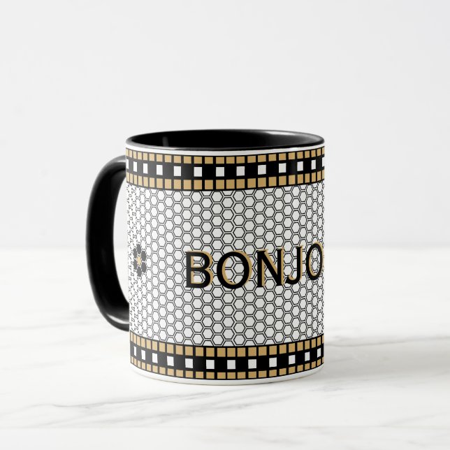 Mosaic Black White and Gold with Custom Text Mug (Front Left)