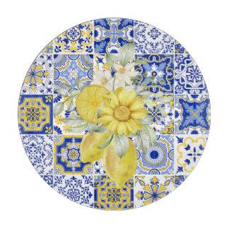 Mosaic Blooms in Blue and Yellow  Cutting Board