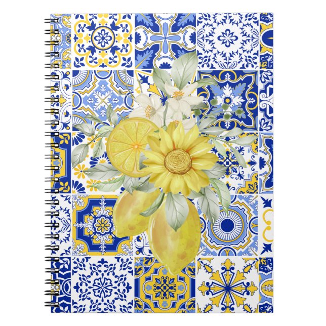 Mosaic Blooms in Blue and Yellow  Notebook (Front)