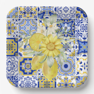Mosaic Blooms in Blue and Yellow  Paper Plates