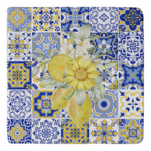 Mosaic Blooms in Blue and Yellow  Trivet