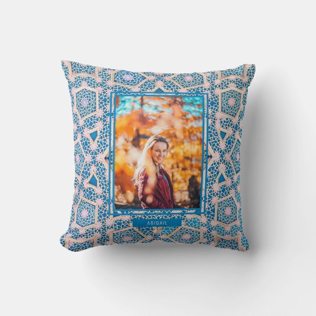 Mosaic Blue and Pink Photo Throw Pillow (Front)