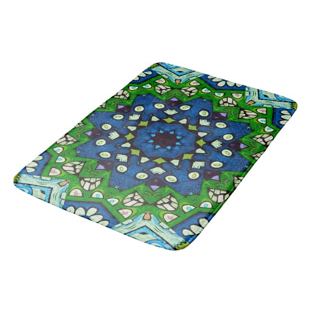 Mosaic Blue Green Hippie Boho Mandala Bath Mat (Angled)
