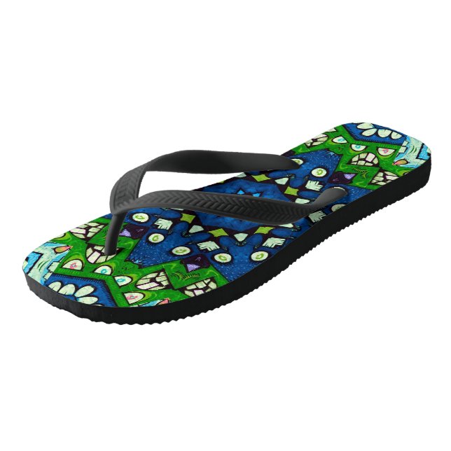 Mosaic Blue Green Hippie Boho Mandala Flip Flops (Angled)