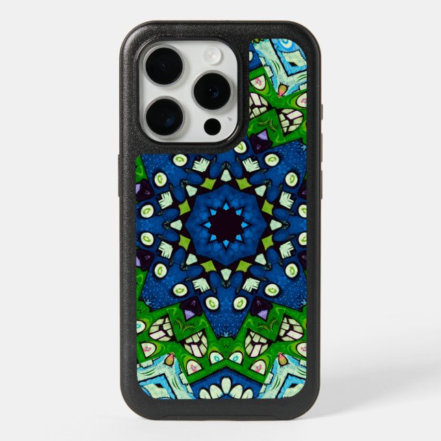 Mosaic Blue Green Hippie Boho Mandala iPhone 15 Pro Case (Back)