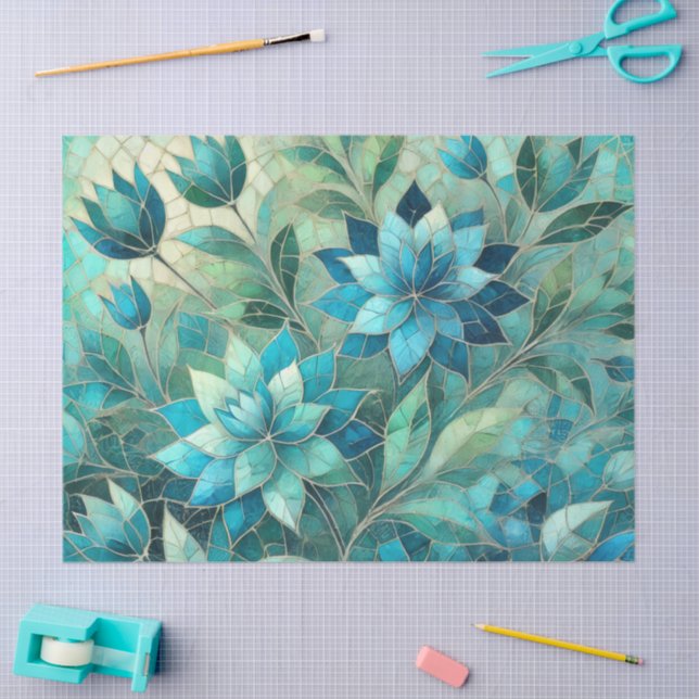 Mosaic Blue Teal Floral Pattern Decoupage Tissue Paper (Craft)