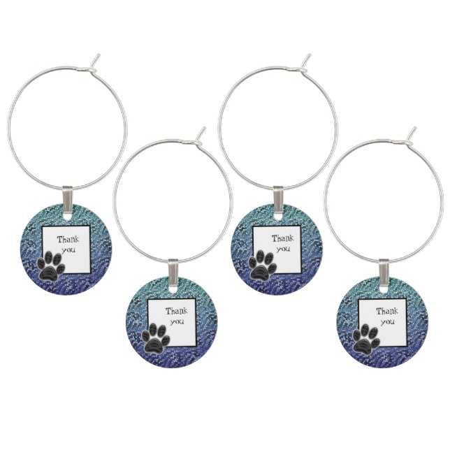 Mosaic Blue Thank You Dog Paw Print Pet Sitter Wine Charm (Staggered)
