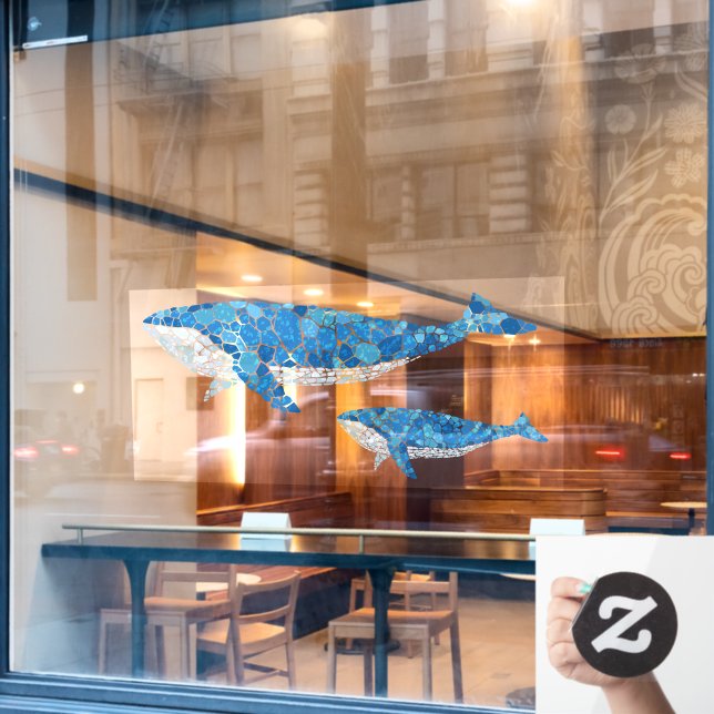 Mosaic Blue Whales Nautical Decor Window Cling (Cafe Window)