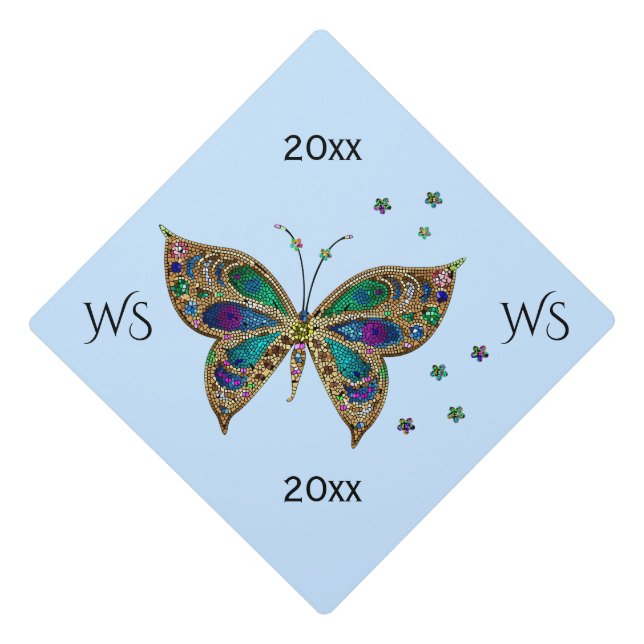 Mosaic Butterfly Blue Graduation Cap Topper (Front)