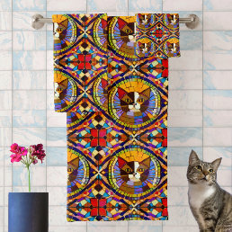 Mosaic Calico Cat in Colorful Glass Tiles Bath Towel Set