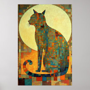 Mosaic Cat: Abstract Egyptian-Inspired Poster
