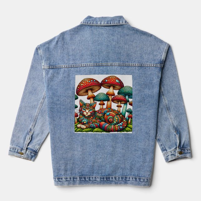 Mosaic Cat in Mushrooms Denim Jacket (Back)