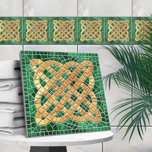 Mosaic Celtic knot _ green marble and gold Ceramic Tile