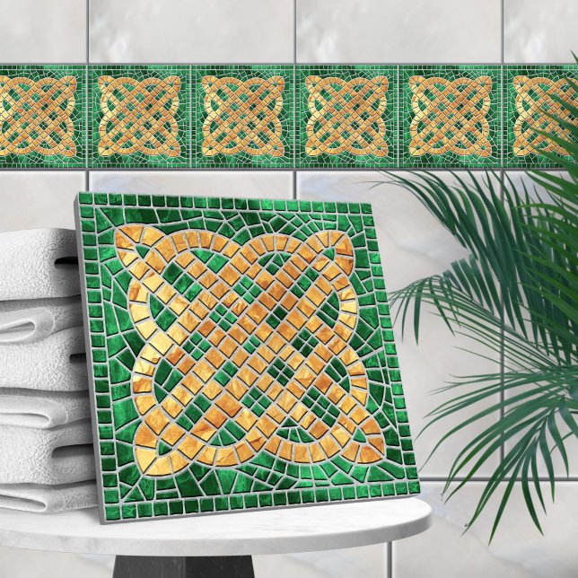 Mosaic Celtic knot - green marble and gold Ceramic Tile (Creator Uploaded)