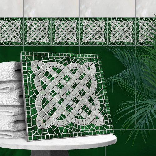 Mosaic Celtic knot _ green marble and pearl Ceramic Tile